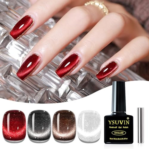 YSUVIN Esmalte de Uñas UV Ojo de Gato, 4 Colores Rojo Negro Marrón Blanco Cristal Esmalte de Uñas con Imán Soak-Off UV para Principiantes DIY Nail Art Manicura Salón, 8 ML