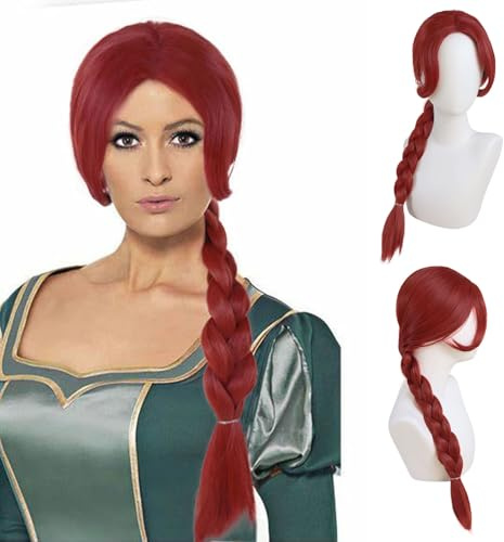 GNIMEGIL Lång, flätad, rödbrunsom för kvinnor i rött med flätor | , värmetålig kostymperuk för cosplay ,Fiona kostymperuk