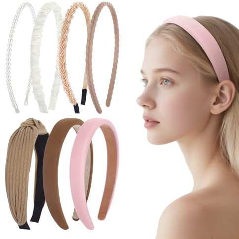 7 Stück Haarreifen Damen Set, Haarreif Braun, Breit Headband, Verschiedene Modelle, Perlen Stirnbänder, Vintage, Waldstil, Haarbänder Haar-Accessoires für Mädchen