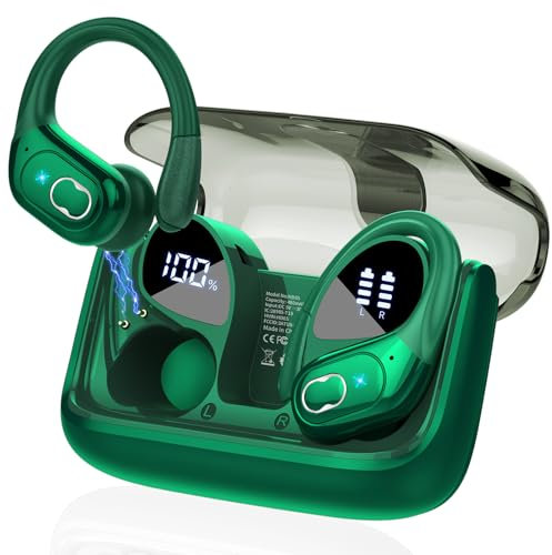 STECEi Wireless Earbuds, 75H Bluetooth 5.4 Headphones Sport with 4 ENC Noise Cancelling Mic, HiFi Stereo Wireless Earphones with Earhooks, IP7 Waterproof Ear Buds for Sport/Running/Gym, Dark Green