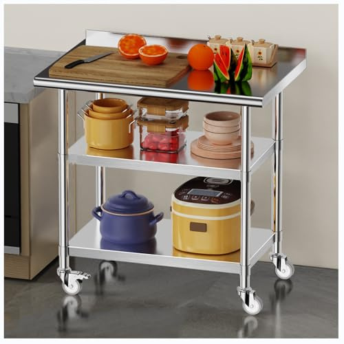 Banco da lavoro in acciaio inox resistente con paraspruzzi, tavolo mobile per la preparazione di cucine commerciali, tavolo da taglio su ruote