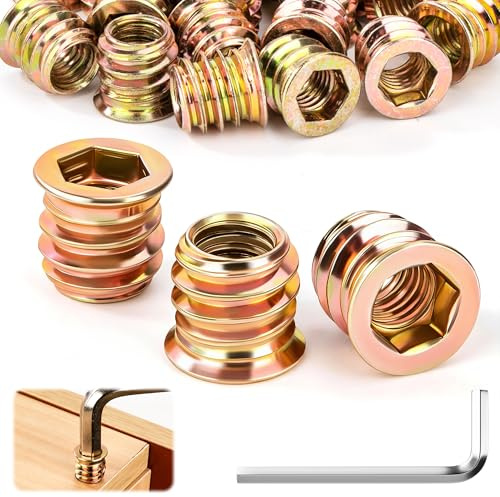 Tuercas para Madera M6 Insertos Roscados M6x15mm 20 Piezas Tuercas Hexagonales de Acero Galvanizado con Llaves Hexagonal para Muebles de Madera