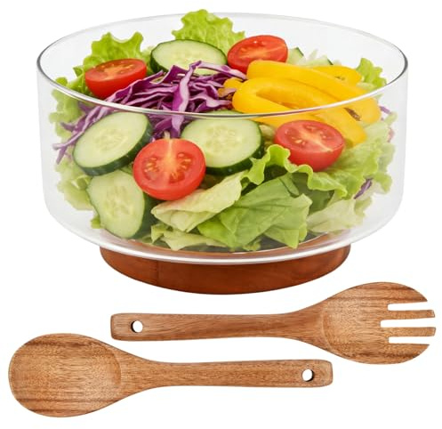 Ziyonix 4200ML Set di Insalatiere in Vetro con Base in Legno di Acacia, Elegante e Pratico Versatile Piatto da Portata con Utensili da Insalata per Insalate Pasta Frutta Snack