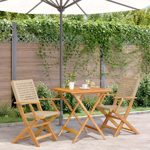 Set di 3 bistrò beige in polyrattan e legno massello di acacia, 70 x 70 x 75 cm, pieghevole, per balcone, giardino, terrazza, mobili da esterni, set da pranzo