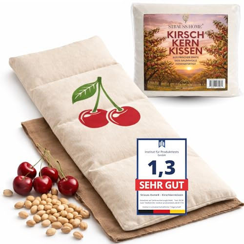 Strauss Home Cojín grande de huesos de cereza – Cojín térmico apto para microondas – contra la tensión de cuello y hombros o cólicos – huesos de cereza natural – Funda extraíble y