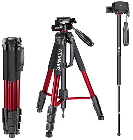 NEEWER Portable Camera Tripod for Travel Vlogging Recording, Aluminum Alloy 2 in 1 Tripod Monopod Max. 70 with 3 Way Swivel Pan Head and Carrying Bag for DSLR, DV Video Camcorder (SAB264, Red)