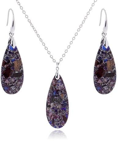 xinpeng Teardrop Sea Sediment Imperial Jasper Natural Stone Gemstone Necklace Pendant & Drop Dangle Hook Earrings Jewelry Set For Women (Purple Sea Sediment Imperial Jasper)