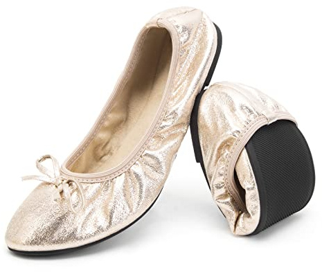 Greatonu Women's Ballet Pumps Comfort Foldable Portable Travel Slip on Slipper Bow Tie Flats Shoes Gold UK 7