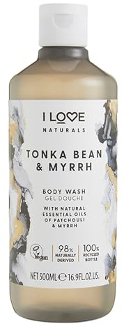 I LOVE Naturals Gel Douche Tonka Bean & Myrrh – Aux Huiles Naturelles de Patchouli & Myrrhe – Formulé avec Huiles Essentielles – Peau Hydratée & Douce – Bouteille 100% Recyclée – Vegan-Friendly 500ml
