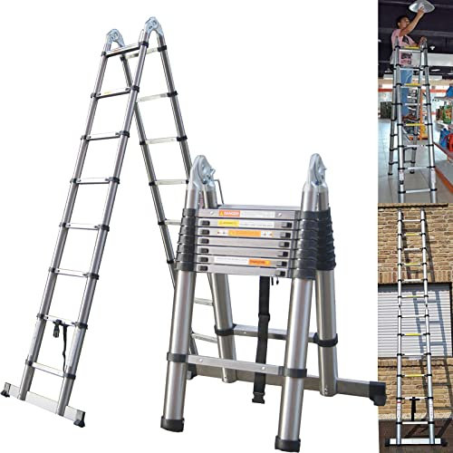 Folding Telescopic Multifunctional Foldable Loft Climbing Ladder for Home Stairs Window Cleaning Garden Working, A-Frame Ladder 2.5m+2.5m Stainless Steel