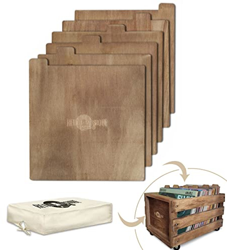 Retro Musique Laser-geätzte hölzerne Schallplattentrenner zur Organisation von 12 Vinyl LPs, 6er Set, mit hessischem Stoffbezug (Eiche Finish)