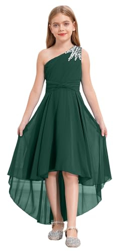 Freebily Asymétrique Robe de Cérémonie Bébé Enfant Fille Elégante Robes de Mariage Bal Chiffon Robe Demoiselle Honneur Fête sans Manche Strass Vert Fonce 8 Ans