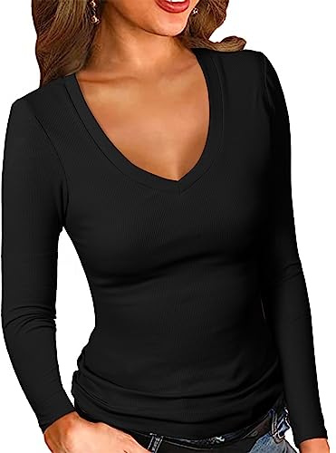 PALINDA Women's Ribbed V Neck Slim Fitted T Shirts Basic Solid Long Sleeve Layering Tee Tops (Black M)