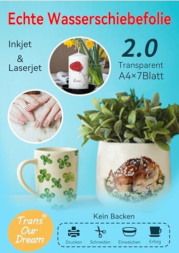 TransOurDream A4X7 Blatt,Upgrade Inkjet/Laser Wasserschiebefolie(Sehr gut für Kerzen) Hauchdünn,Abziehbild - Decalfolie,Nassschiebefolie für Spielzeugmodelle,Tassen,Keramik, Glas, Kunststoff(D-10-7)