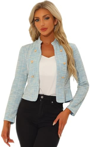 Allegra K Blazer vintage en tweed pour femme, col montant, veste courte ouverte sur le devant, bleu clair, XL