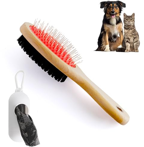 Cepillo Perro y Gato Cepillo para Pelo Corto o Largo Cuerpo en Resistente Madera Natural Con Dos Tipos de Cepillo Quitapelos Incluye un Dispensador de Bolsas Antibacteriano para Mascotas