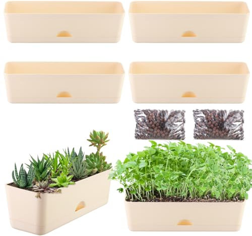Rechteckige Pflanzgefäße mit Ablauflöchern und Untersetzern, 40,6 x 11,1 cm, rechteckig, große Fensterbank, Pflanzgefäße für den Innenbereich, selbstbewässernde Blumentöpfe mit Drainagelöchern und