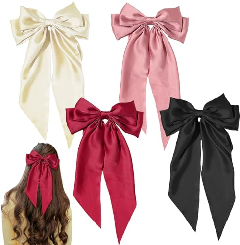 4 Pcs Big Bow Hair Clips Set, Hair Bow with Long Silky Satin, Solid Color Large Bowknot Hairpin, Simple Accessories for Women Girls