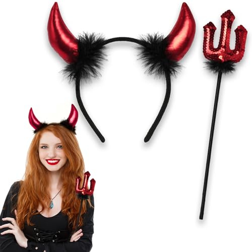 ROSAUI Serre-tête et trident diable cornes de diable à paillettes - Rouge et noir - Accessoires de costume pour adultes hommes et femmes - Idéal pour Halloween, bal masqué et carnaval