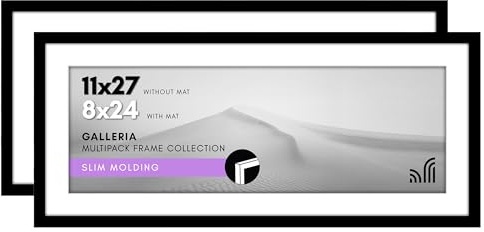 Americanflat 11x27 Picture Frame Set of 2 - Polished Plexiglass - Use as 8x24 With Mat or 11x27 Without Mat - Galleria Collection - Gallery Wall Display - Black