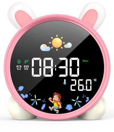 LEMNOI Sveglia per bambini, con 3 livelli di luminosità regolabili, 5 tipi di luci, 7 brani per il sonno, sveglia ricaricabile con funzione snooze per bambini, Con display della temperatura