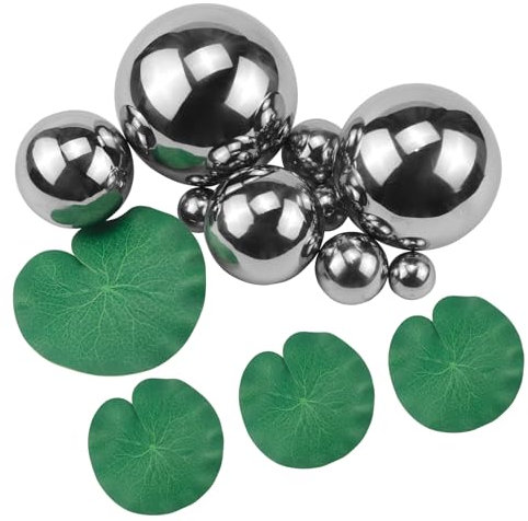 Rierousy Boules flottantes pour mini étang, argentées, 2 à 10 cm, avec 3 feuilles de lotus flottantes, décoration de jardin, mini bassin, boules décoratives de jardin