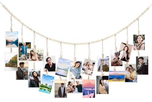Bewudy Hängende Foto Display, Holzperlen Collage Hängende Bilderrahmen, 167cm Fotowand Mit Klammern DIY Bilderrahmen Wanddekoration Clip Fotohalter für Klassenzimmer Schlafzimmer hängende Kartenhalter