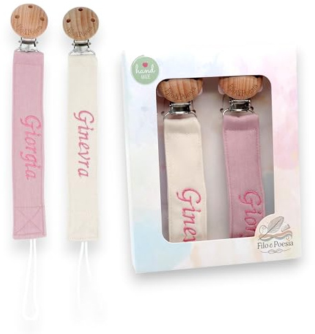 Filo e Poesia Catenella Portaciuccio Con Nome, Personalizzata con nome ricamato, tanti modelli e colori Portaciuccio da poter scegliere, ottima idea regalo per Baby Shower. 2 Pezzi (Rosa-Beige)