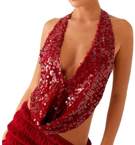 Nicoxijia Womens Sequin Sparkle Halter Crop Tops Sexy Sleeveless Deep V Neck Backless Glitter Tank Top Y2k Bling Rave Outfits (Red, L)