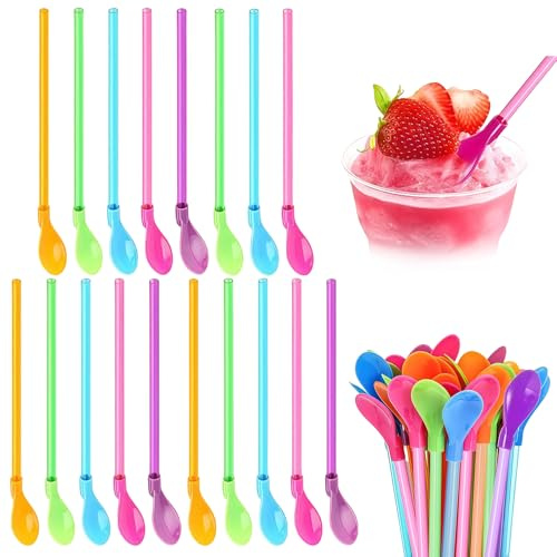 Yamobi 15 Pailles Slush avec Cuillère, Pailles Slushy Réutilisables 2-en-1, Pailles en Plastique pour Slush et Glace avec Cuillère, pour Milkshakes et Cocktails