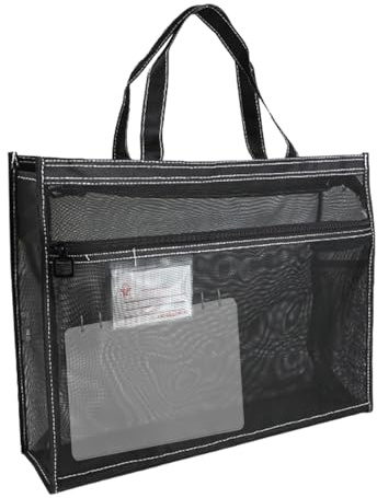 Sac de rangement en maille transparente A3 avec poignée et fermeture éclair, grand organisateur imperméable pour affiches, peinture, matériel pédagogique, 43 x 33 x 11 cm, noir, kaki, bleu, vert, Noir