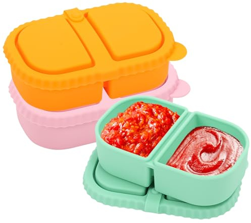 3 Piezas Caja Snack Portátil con 2 Compartimento, Reutilizables Caja de Silicona con Tapa, Contenedores de Aperitivos, Almacenar Alimentos a Prueba Fugas para Ensaladas Salsas y Condimentos