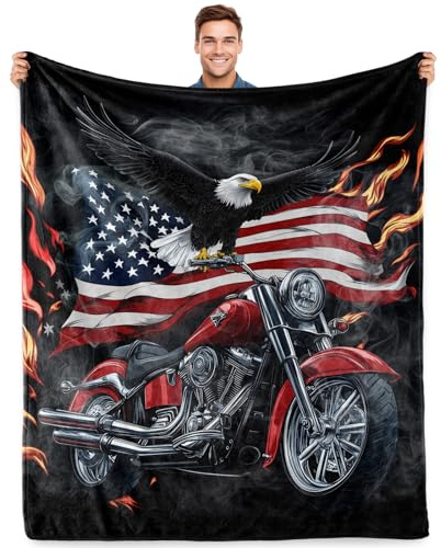 American Flag Motorcycle Blanket Motorcycle Gifts for Men Soft Warm Plush Throw with Eagle Design for Couches Beds and Travel(50x60 Inch)
