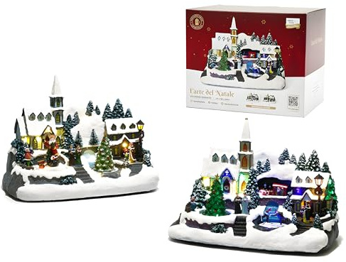 EMPOTEC Scena Paesaggio Villaggio Natalizio Innevato in Festa Movimento Luci LED Suoni Musiche Natalizie Idee Regalo Natale Clarion Decorazione Addobbo 31x24x20cm 2 Scene Assortite (1pz)