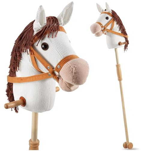 tectake® Cavallo Giocattolo con Bastone per Bimbi, Peluche Cavallo, Cavalli Giocattolo con Bastone in Legno, Doppie Rotelle, Hobby Horse, Idee Regalo Equilibrio per Bambini dai 24 mesi - Bianco