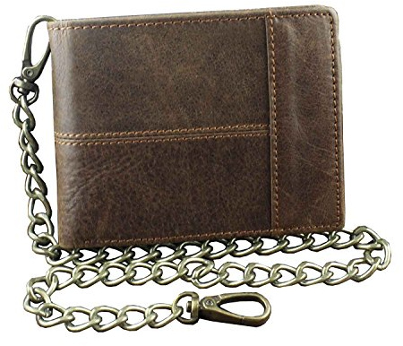 punkman2000 New Vintage Brown Leather Wallet With Chain Mens Bifold/Many Card Holder