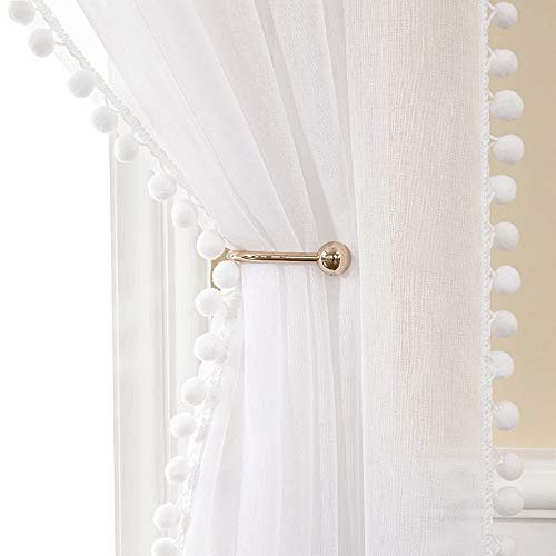 MIULEE Gardinen mit Pompons-Hübsche Weiss Pompon Vorhänge für Kinderzimmer Mädchen, Mädchenzimmer, Transparent Gardinen mit Ösen, Schlafzimmer Wohnzimmer Vorhang mit Bommeln, 2X H 225 X B 140cm