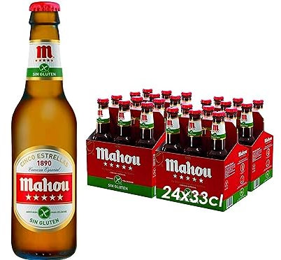 Mahou Cinco Estrellas Sin Gluten, Pack 24 Botellas x 33 cl, Cerveza Dorada Sin Gluten Con Sabor 5 Estrellas, 5.5% de alcohol