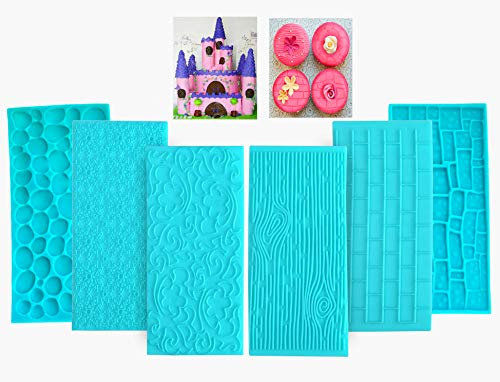 6 Stück Prägematte Fondant, Fondant Glätter Set mit Ziegel-, Holz-, Blumen-, Kopfstein- und Kieselstein Designs - Perfekt für Kuchenumrandung, Cupcakes, Gebäck