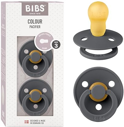 BIBS Colour Soother 2-Pack, BPA Free Dummy Pacifier, Round Nipple. Natural Rubber Latex, Made in Denmark, Size 3 (18+ Months), Iron