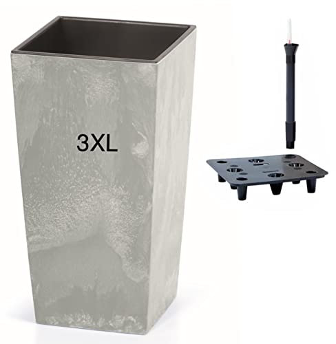 MELTOM Blumenkübel mit Bewässerungssystem Slim Hoch Quadratisch Einsatz Beton Optik Farbe: Grau 3XL (BxH): 39 x 76 cm