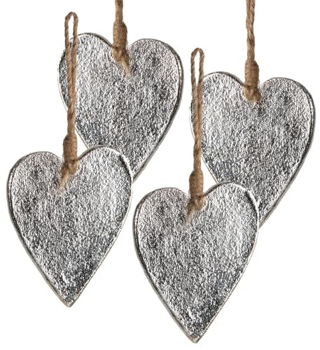 Logbuch-Verlag 4 Herz Anhänger aus Metall Silber mit Kordel - Metallherzen Hochzeit Geburtstag Deko Geschenk 10 cm