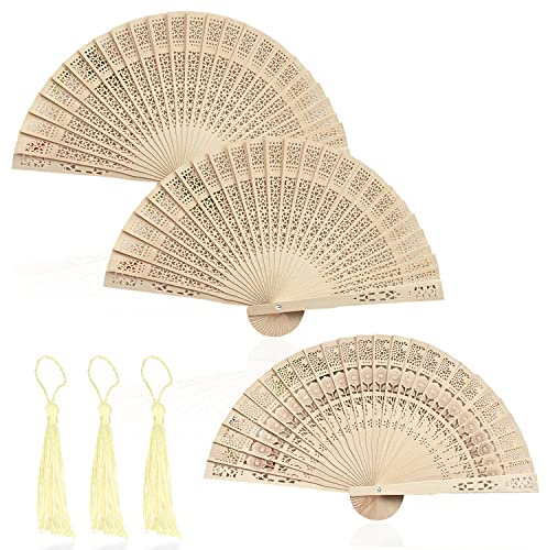 3 ventilateurs pliants en bois de 8 pouces et 3 ceintures à pampilles, ventilateur en bois pliant sculpté creux, ventilateur en bois à pampilles portable, cadeau de fête d'anniversaire de vacances