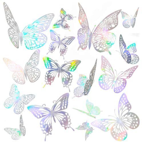 JOSDIOX 3D Laser Sivery Butterfly Wall Stickers - 48 Pcs with 4 Styles & 3 Sizes, Removable Decor for Party Birthday Wedding Cake Balloon Decoration (48 Laser Sivery)