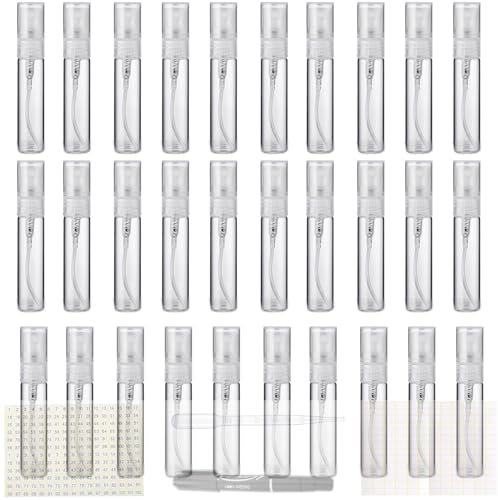 VISSQH 30 Pezzi Mini Flacone Spray, 5 ml bottiglia campione,con etichetta adesiva,mini flaconi spray atomizzatore vuoti da vetro trasparente, flacone spray vuoto ricaricabile