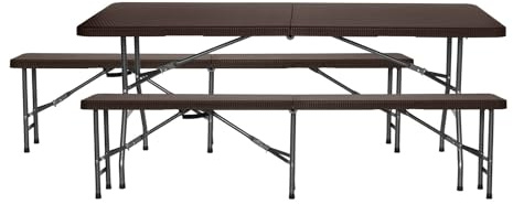 7H SEVEN HOUSE Conjunto Plegable Mesa con 2 Bancos de 180cm Catering Marrón Efecto Ratán 7house