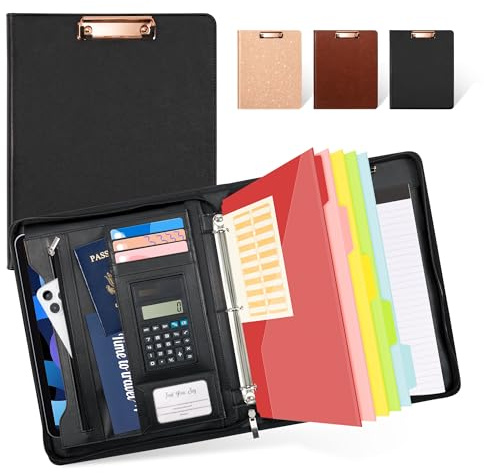 Ospelelf Zippered Padfolio Portfolio Folder, Leather Clipboard with Storage, 3 Ring Binder 1 Inch,12.1” Tablet Sleeve, 5 Dividers with Pocket, Refillable Notepad, Card Slot (Classic Black)
