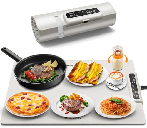 INNOWARMER Chauffe Plat Électrique, Plaque Chauffante Électrique Silicone Pliable Flexible, Plaque Chauffante avec 3 Température Réglable et Minuteur, Chauffe Plat pour Buffet Fête Familiale (Blanc)