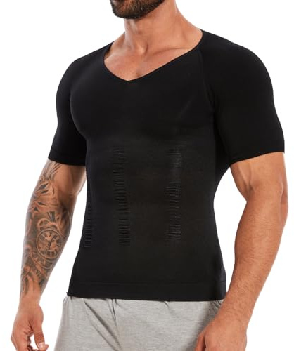 SLIMBELLE Men's Body Shaper Compression Shirt Elastic Slim Shapewear V-Neck Compression Undershirts Tummy Control Waist Trainer Compression Tops for Men Black