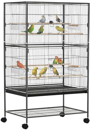 PawHut Cage à Oiseaux Roulante en Métal avec Plateau Amovible 4 Portes 4 Mangeoires 4 Perchoirs et Étagère de Rangement Cage pour Canaris Perruches 78x52x132 cm Gris Foncé